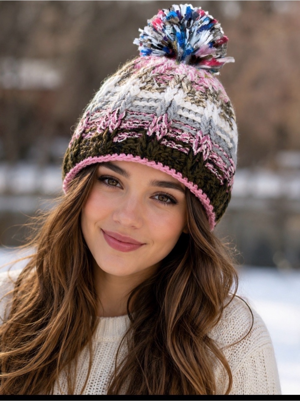 stocking cap beanie puff ball on top knitted sweater hat pink brown winter